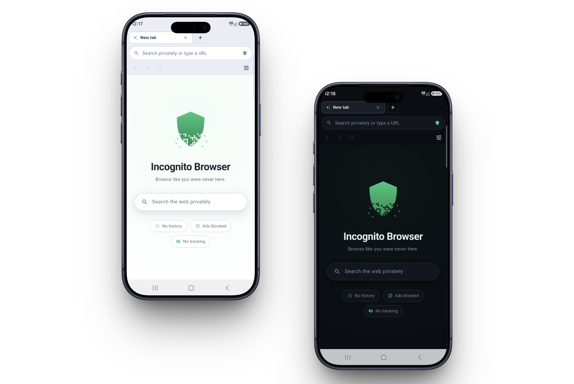 Incognito Browser on a phone, in its light and its dark theme